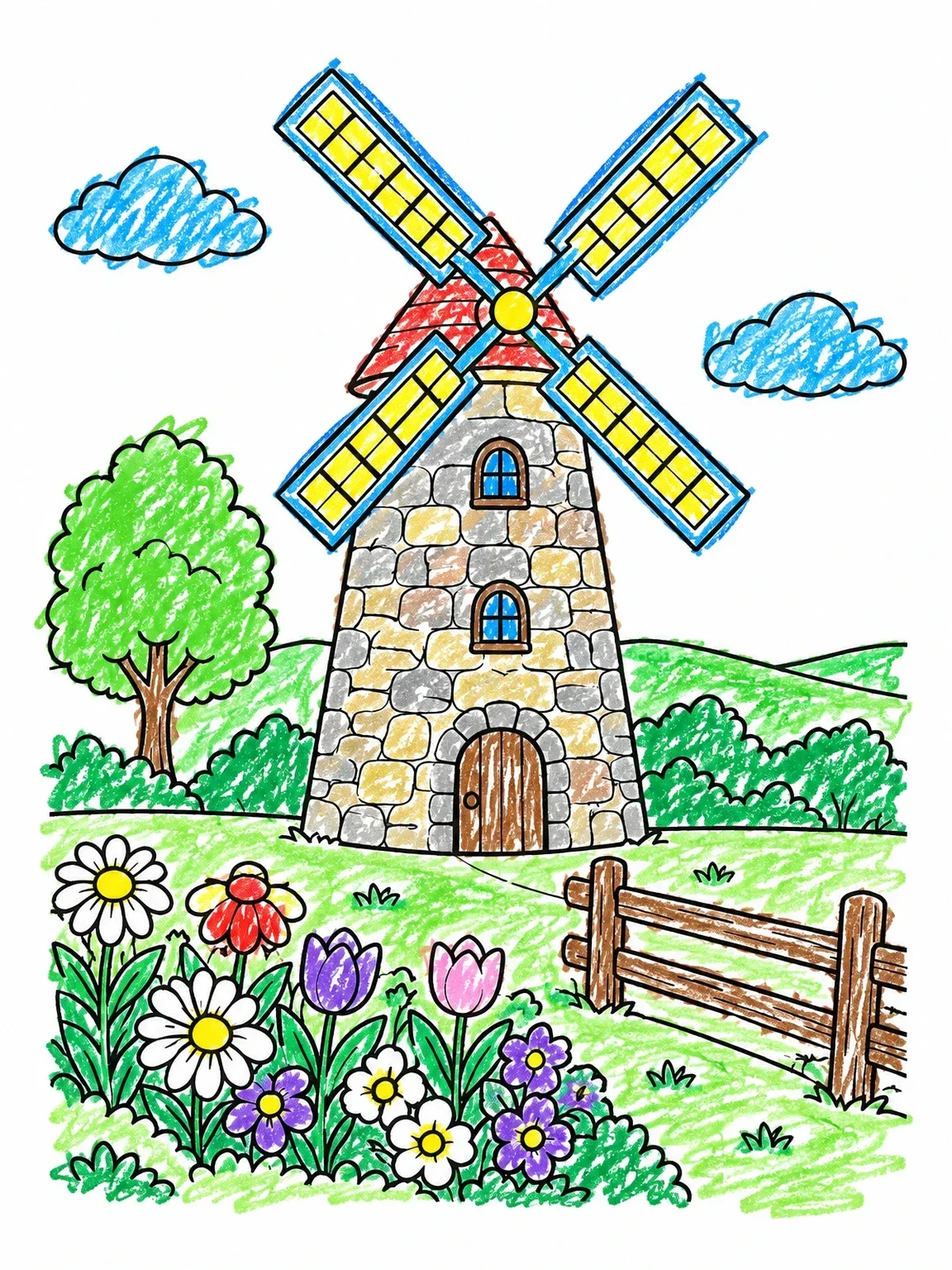 Colored example of the Stone Windmill With Blooming Flower Garden coloring page