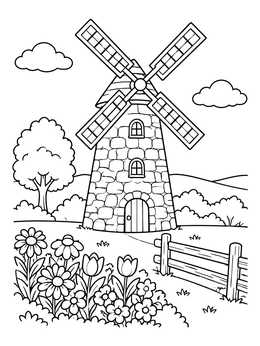 Free printable Stone Windmill With Blooming Flower Garden coloring page