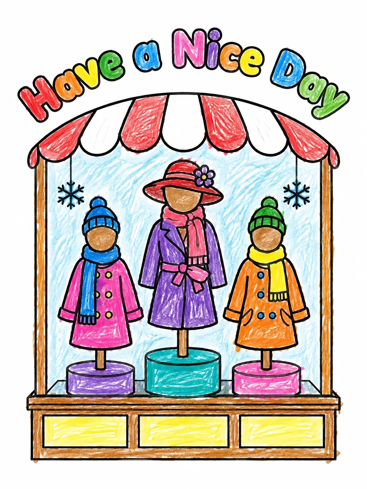 Colored example of the Boutique Window Display With Mannequins coloring page
