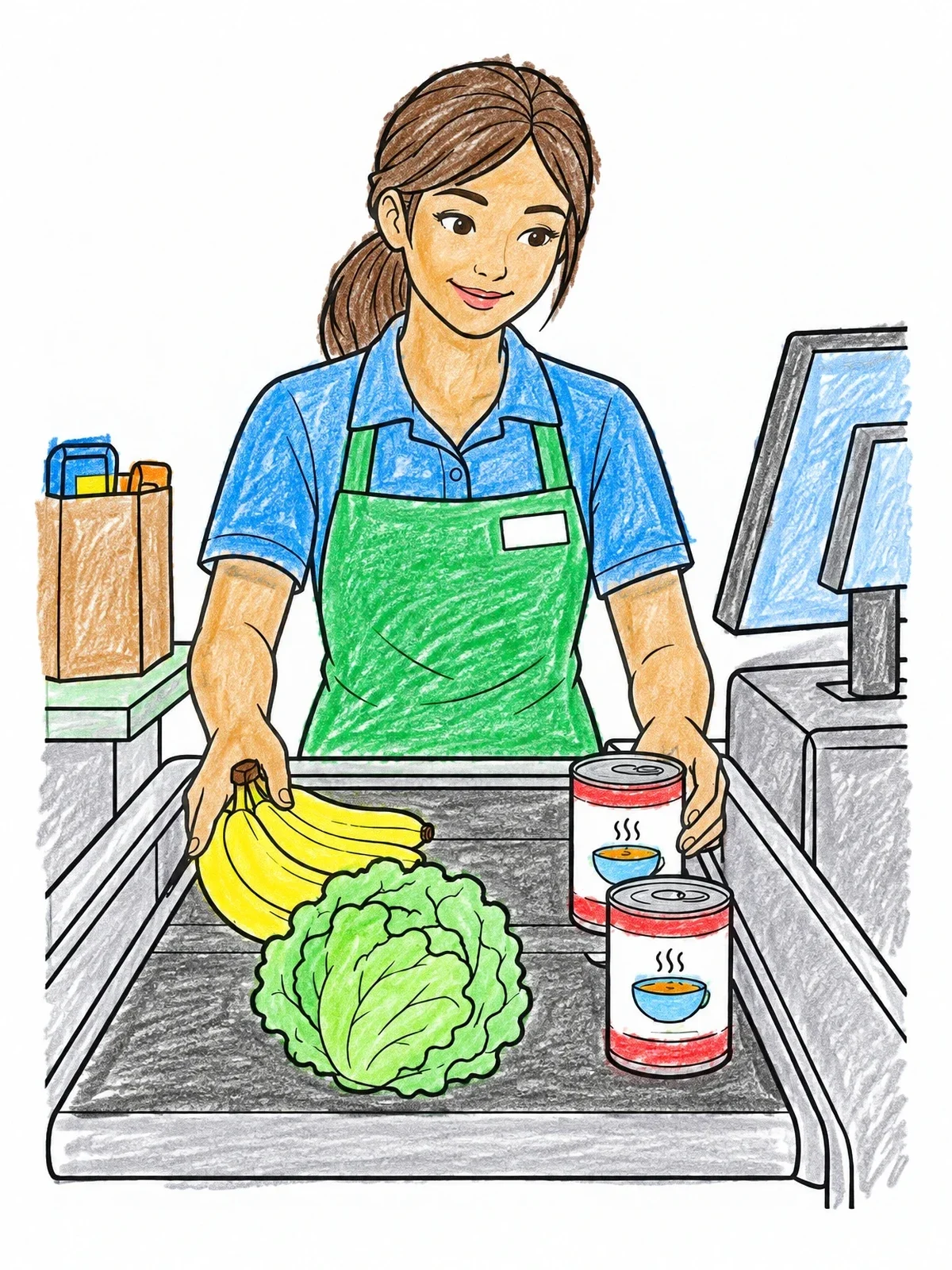 Colored example of the Store Cashier Scanning Groceries coloring page