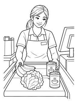 A friendly cashier coloring page featuring a supermarket checkout lane with fresh groceries.