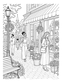 Free printable Charming Village Flower Shop Street coloring page