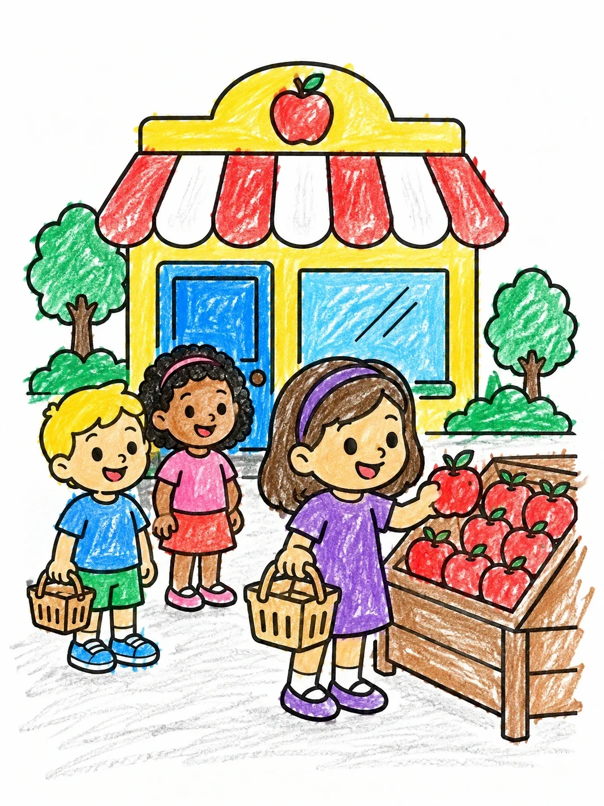 Colored example of the Children Shopping At Fruit Stand coloring page