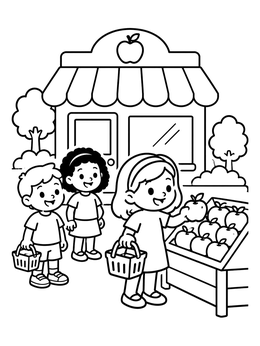 Free printable Children Shopping At Fruit Stand coloring page