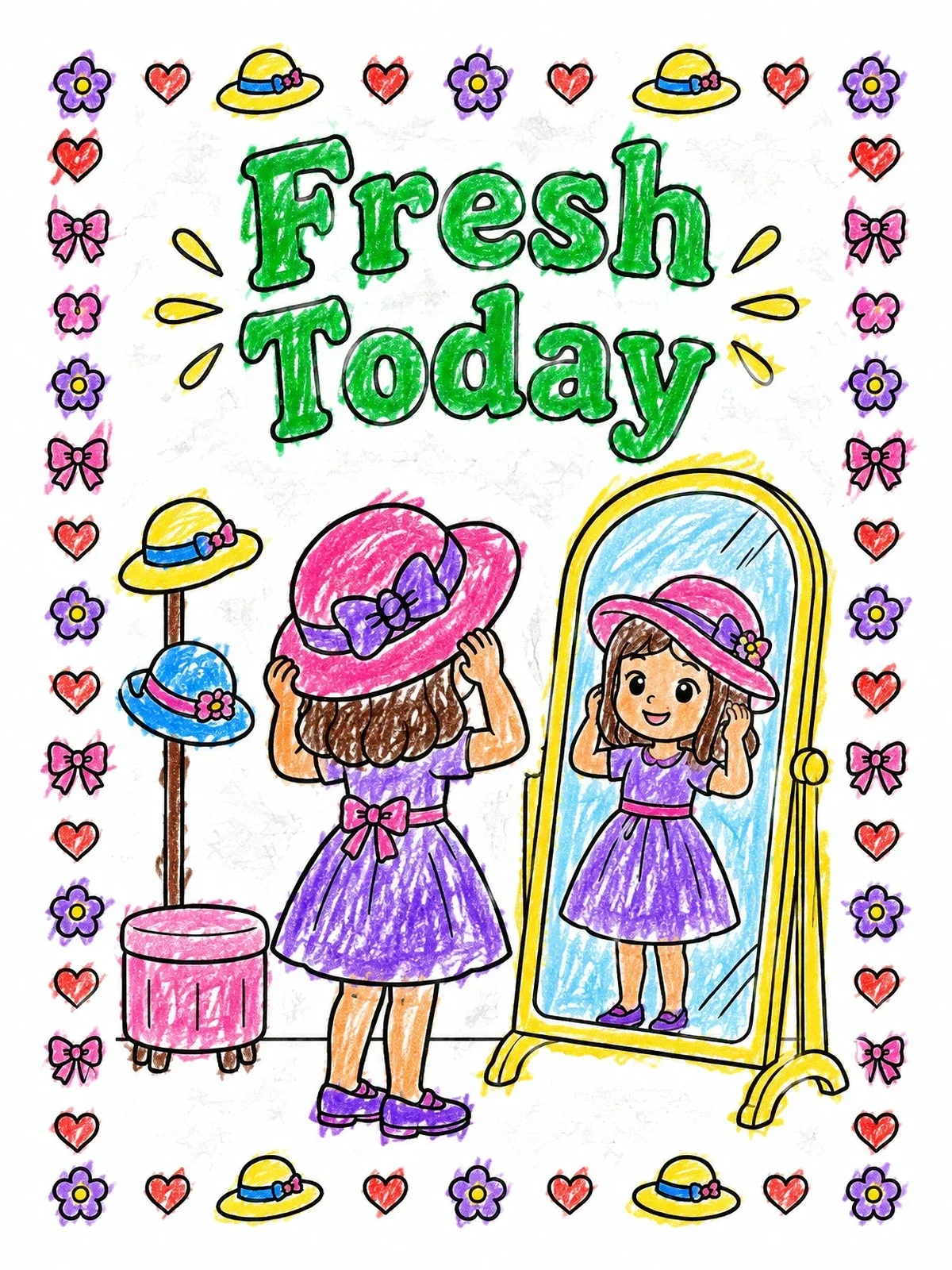 Colored example of the Trying On Hats In The Boutique coloring page