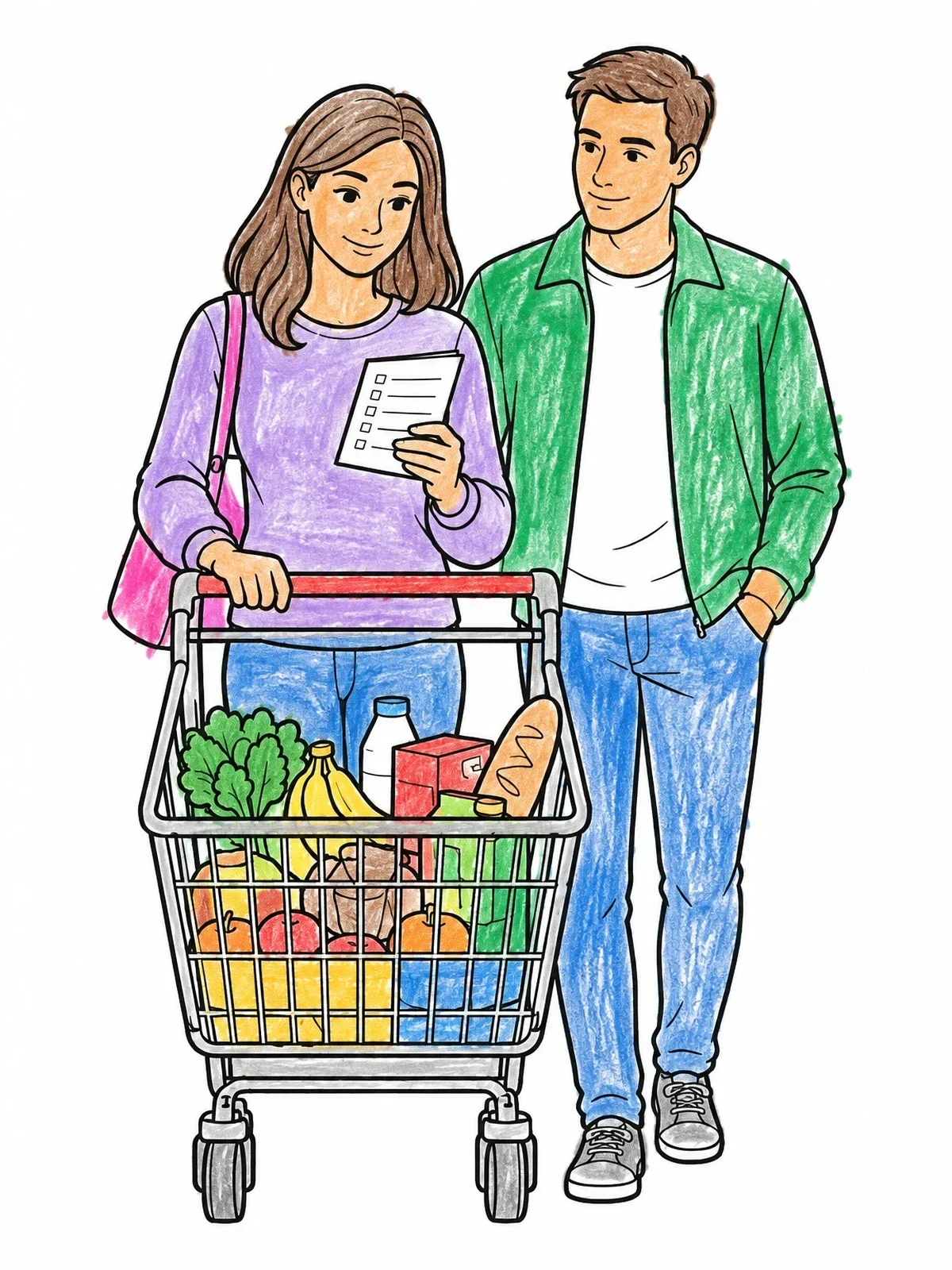 Colored example of the Couple Grocery Shopping With List coloring page