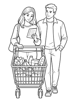 Free printable Couple Grocery Shopping With List coloring page