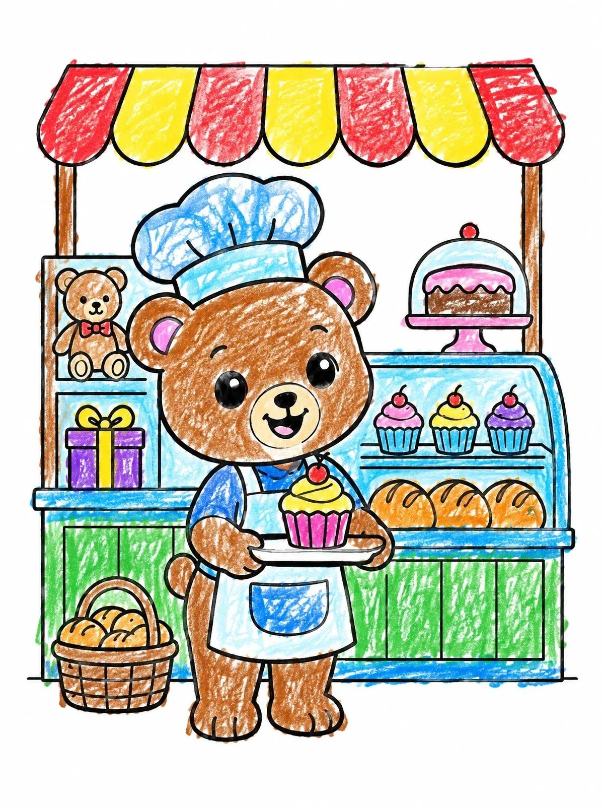 Colored example of the Cute Baker Bear At The Bakery coloring page