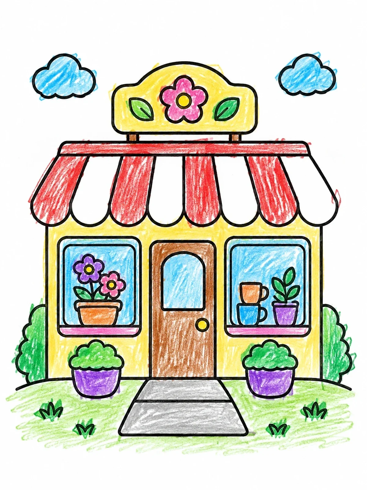 Colored example of the Cute Little Flower Shop coloring page