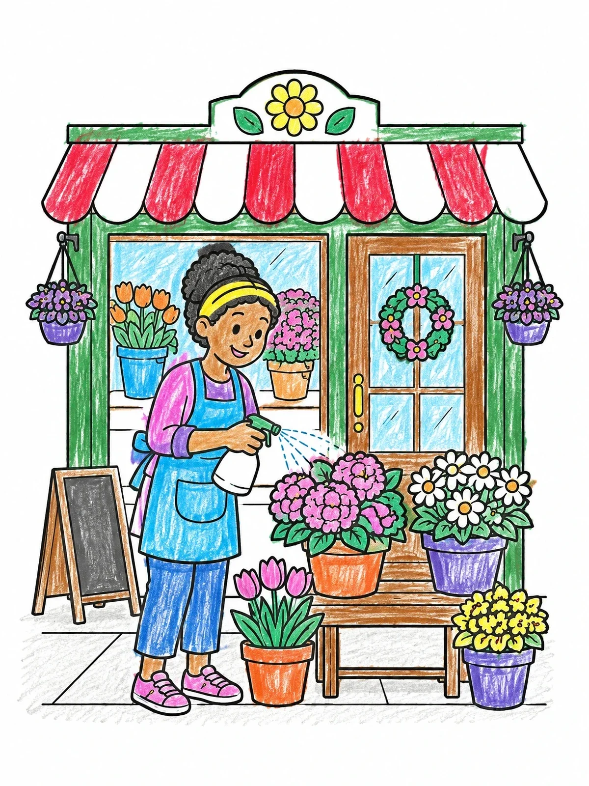 Colored example of the Florist Misting Flowers Outside Shop coloring page