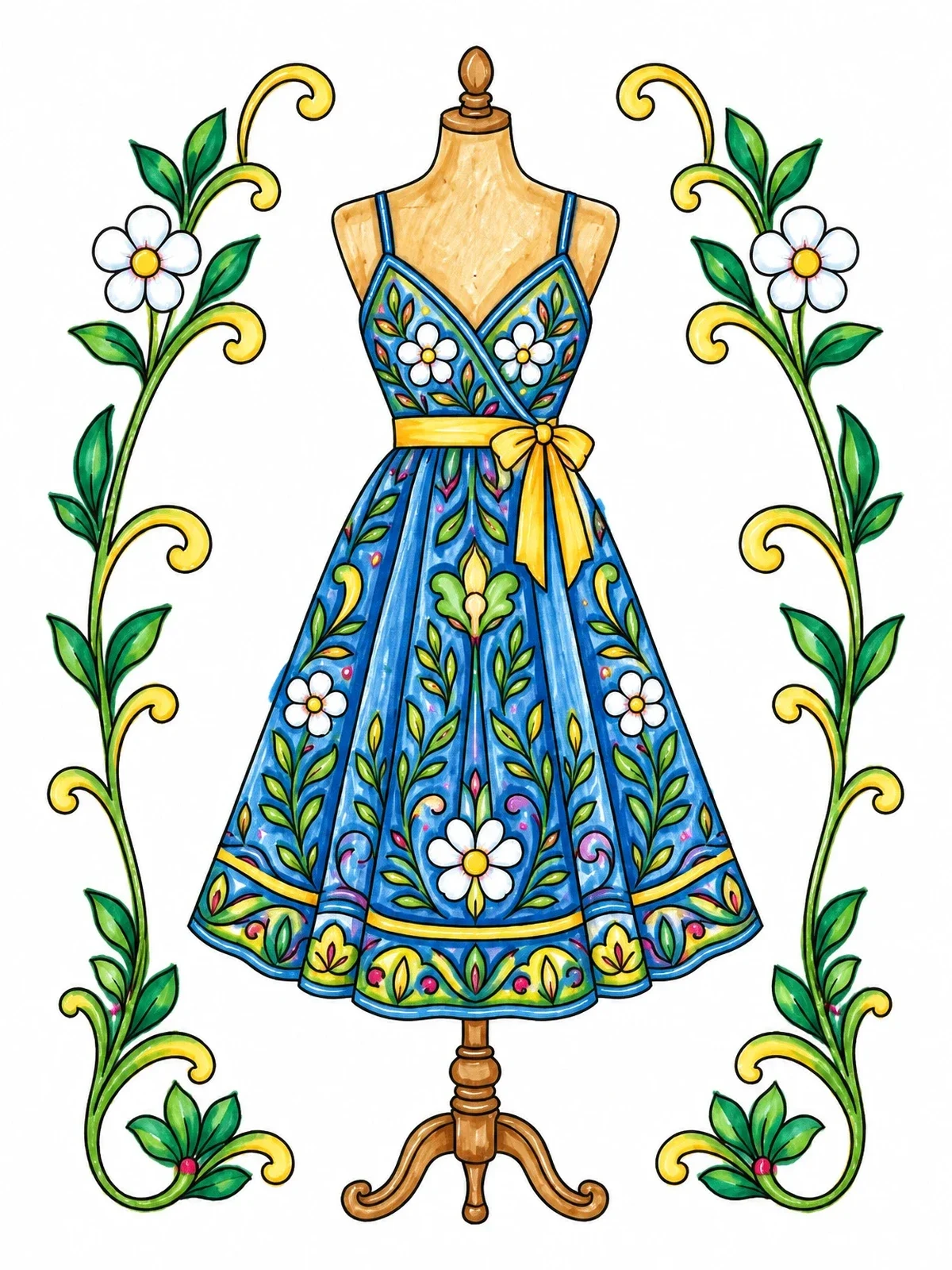 Colored example of the Vintage Dress Form With Floral Sundress coloring page