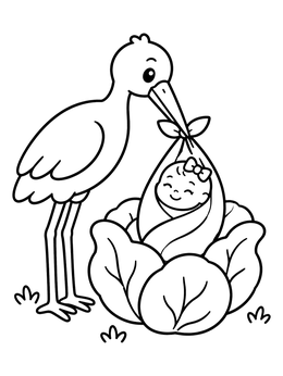 Free printable Stork Delivering Baby In Cabbage coloring page