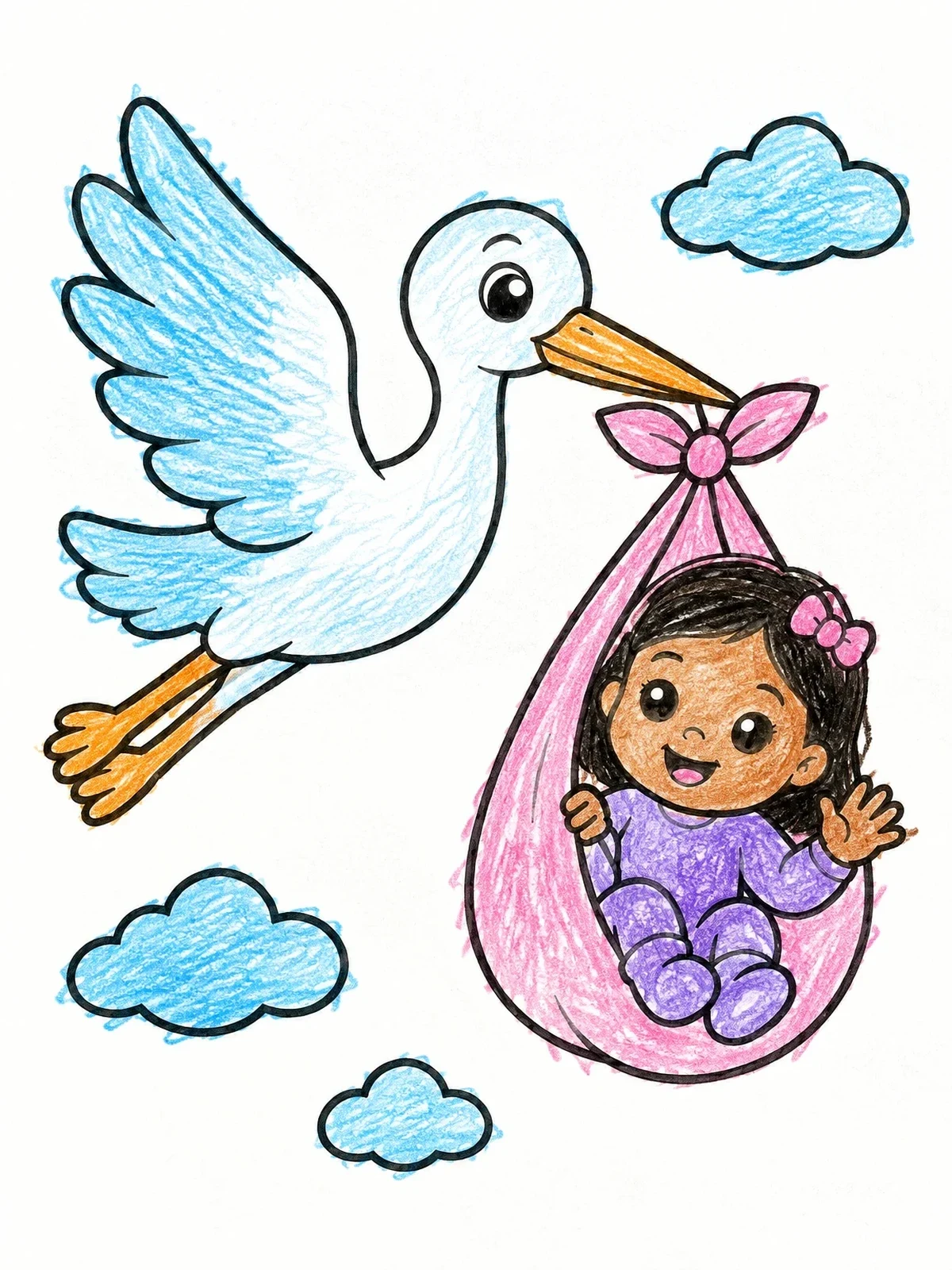 Colored example of the Stork Delivering A Baby Girl coloring page