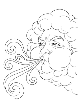 A mythical storm coloring page featuring a personified cloud blowing swirling gusts of wind.