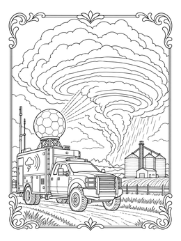 A detailed storm coloring page showing a mobile radar truck scanning a massive swirling supercell over a farm.