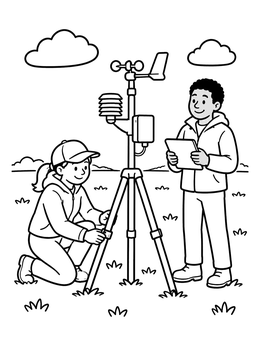 Free printable Young Meteorologists Setting Up Weather Station coloring page