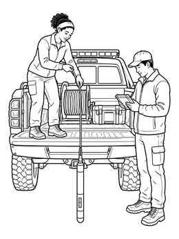 Two researchers handle equipment at a chase truck in this storm coloring page.