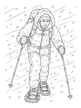 A hiker with snowshoes treks through blowing snow in this storm coloring page.