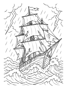 A stormy pirate ship coloring page with torn sails amidst crashing waves and lightning.