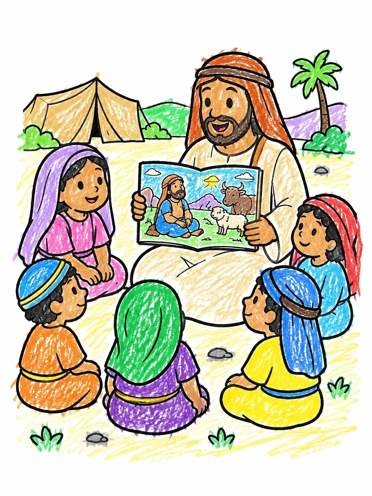 Colored example of the Storyteller Sharing The Story Of Job coloring page