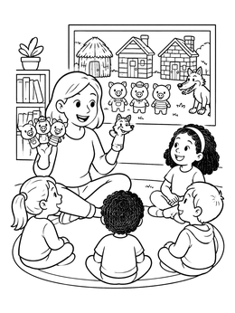 Free printable Storytime With Three Little Pigs Puppets coloring page
