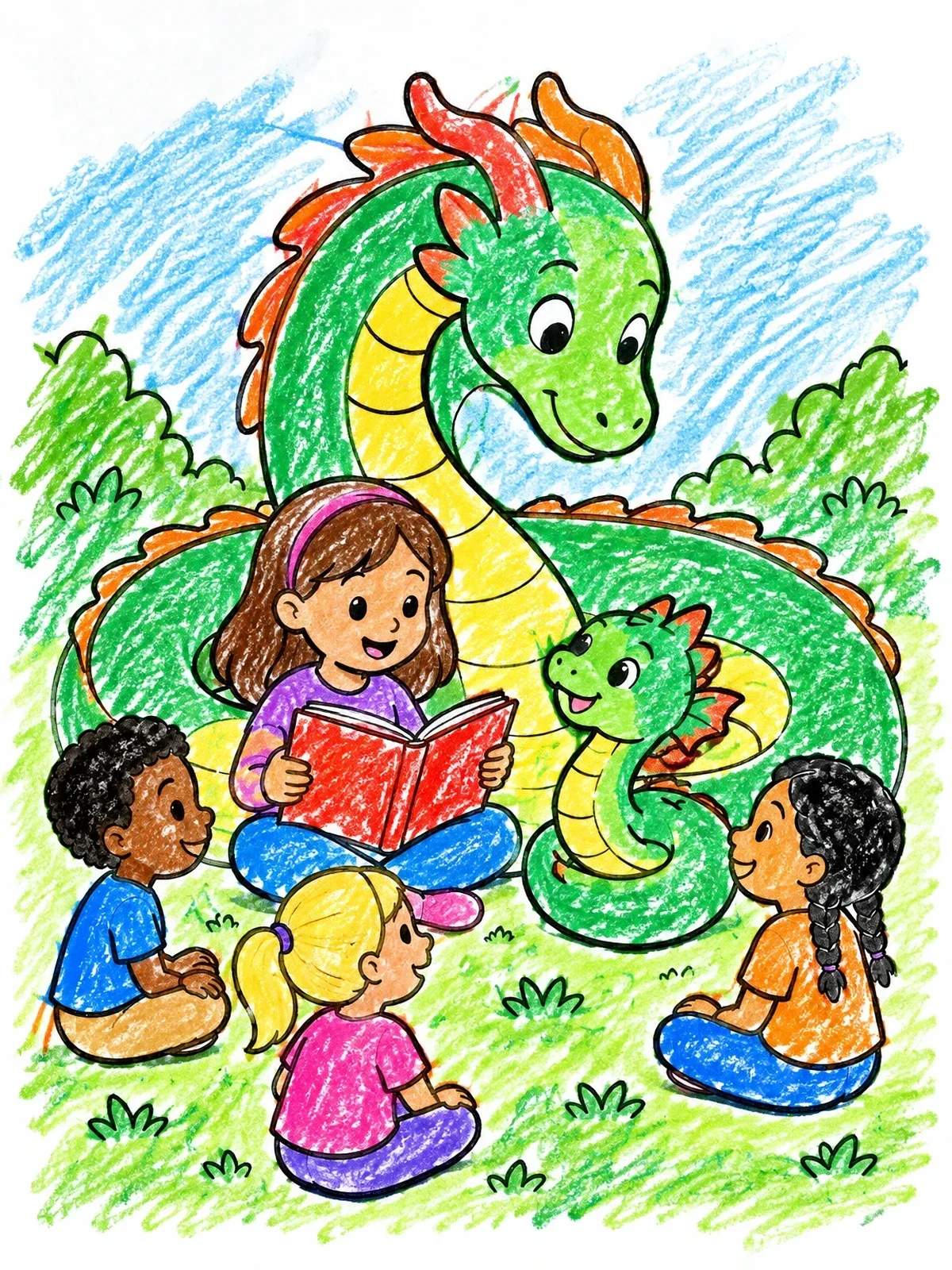 Colored example of the Storytime With Gentle Serpent Dragons coloring page