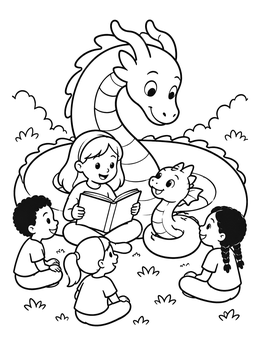 Free printable Storytime With Gentle Serpent Dragons coloring page