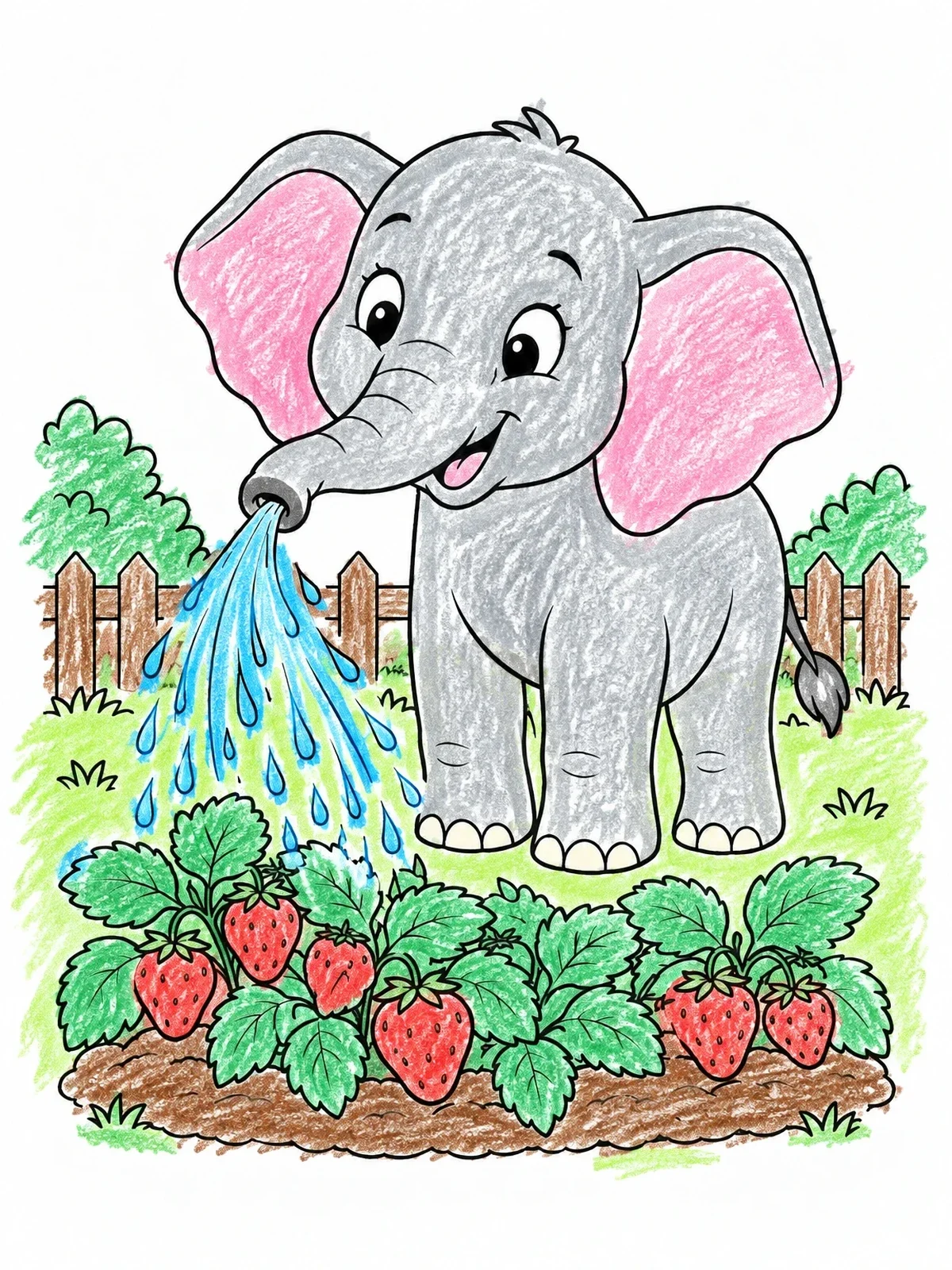 Colored example of the Cute Elephant Watering Garden Strawberries coloring page