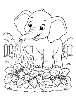 A cheerful baby elephant sprays water in this strawberry coloring page.