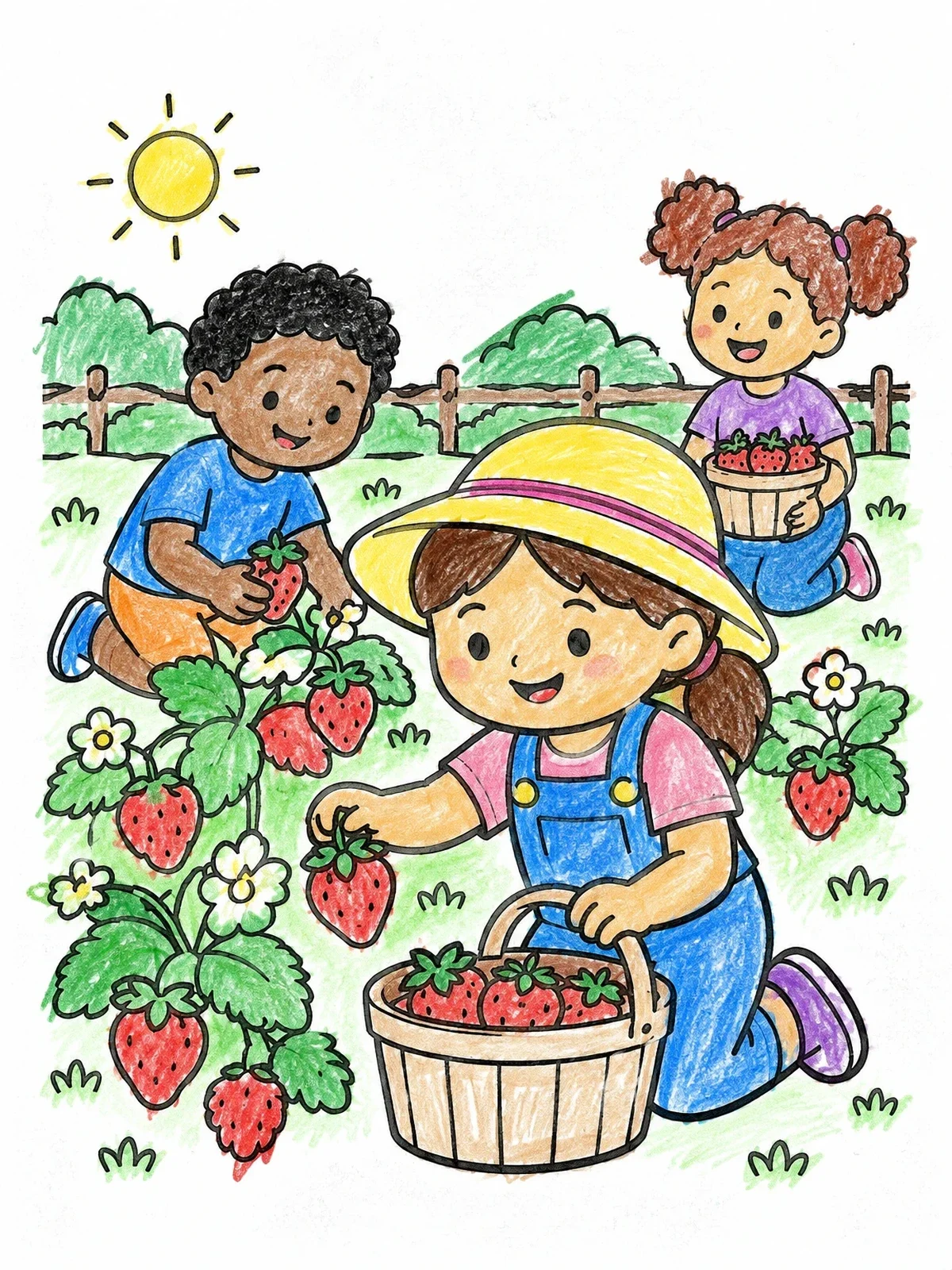 Colored example of the Children Picking Strawberries On Farm coloring page