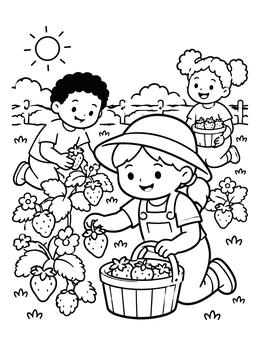 Free printable Children Picking Strawberries On Farm coloring page