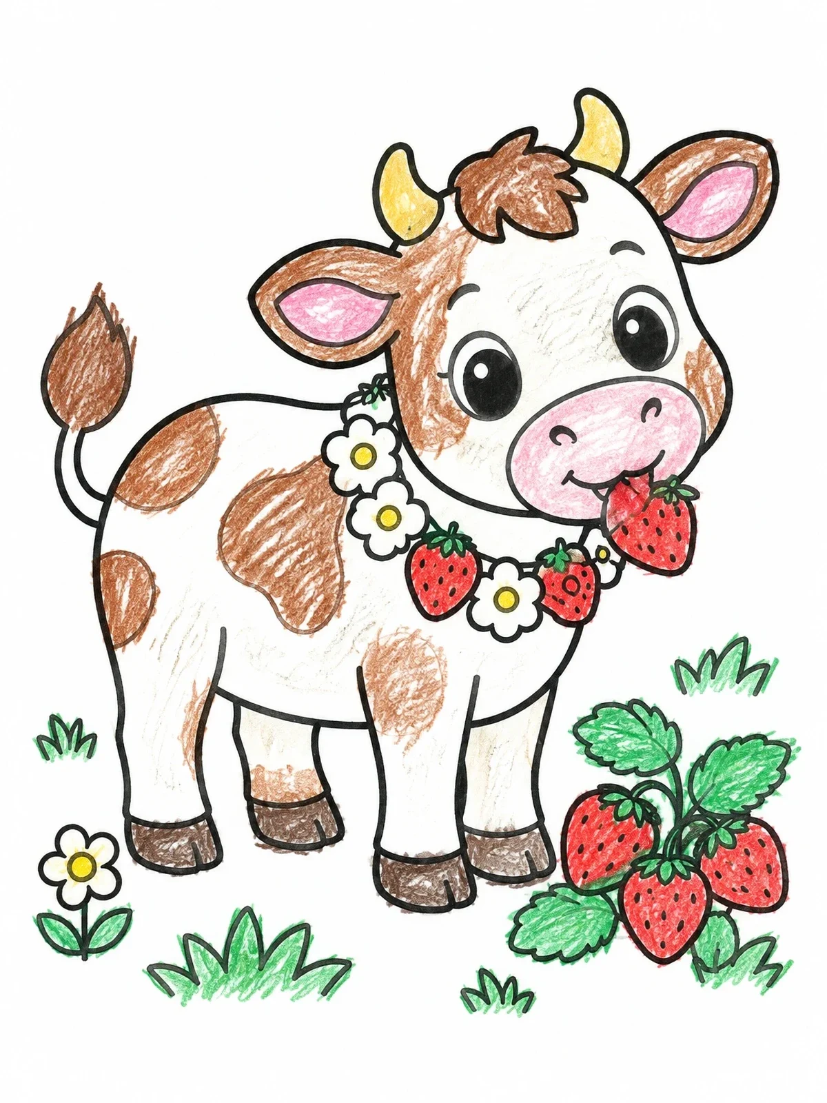 Colored example of the Cute Cow Eating Sweet Strawberries coloring page