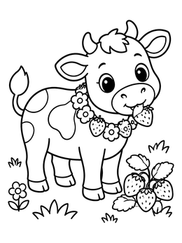 Free printable Cute Cow Eating Sweet Strawberries coloring page