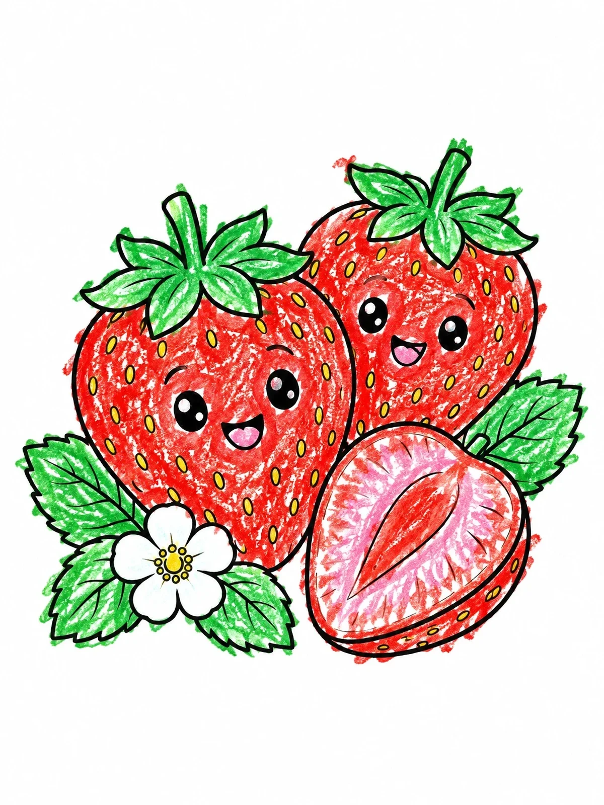 Colored example of the Cute Strawberries With Sliced Berry coloring page