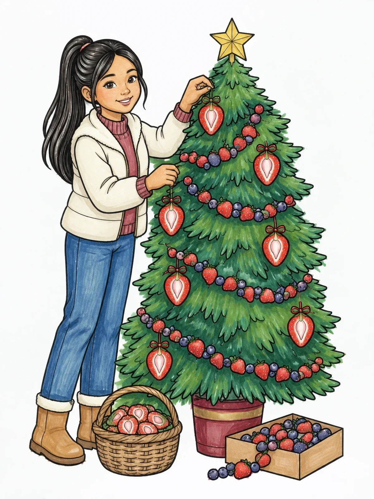 Colored example of the Decorating A Christmas Tree With Strawberries coloring page