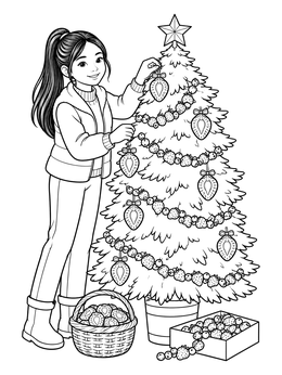 A smiling girl decorates a festive holiday tree in this detailed strawberry coloring page.