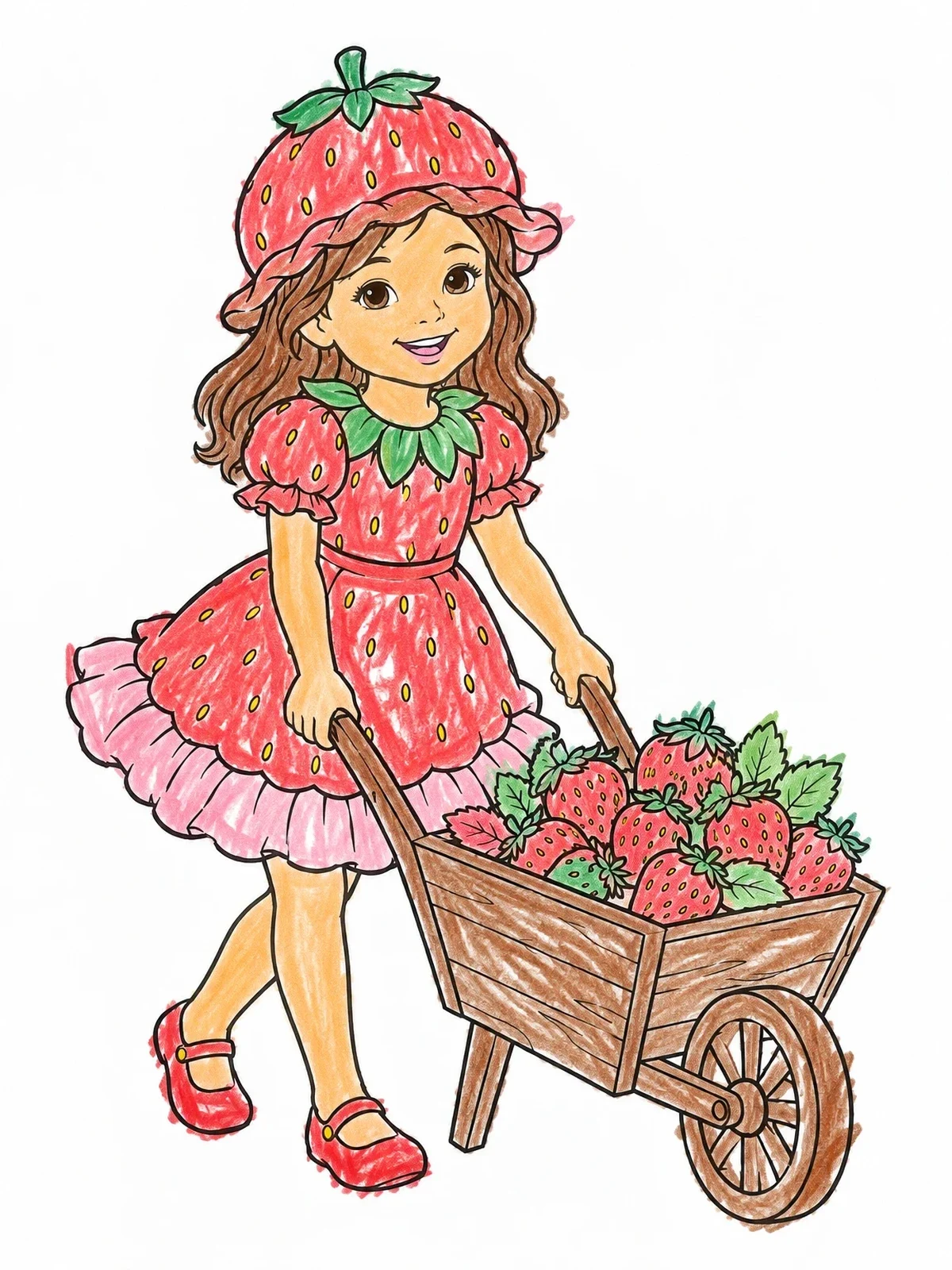 Colored example of the Girl With Wheelbarrow Full Of Strawberries coloring page