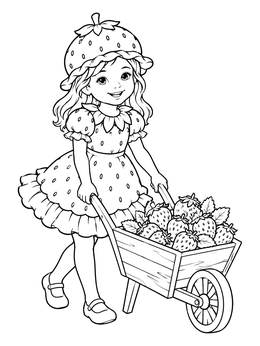 A cheerful girl in a strawberry dress pushes a cart on this strawberry coloring page.