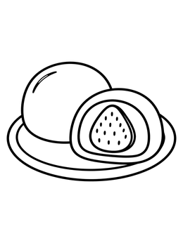 A sweet strawberry mochi coloring page served on a round plate.