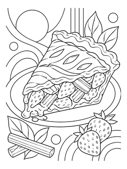 A detailed pie coloring page featuring a slice of strawberry rhubarb pie on a plate.