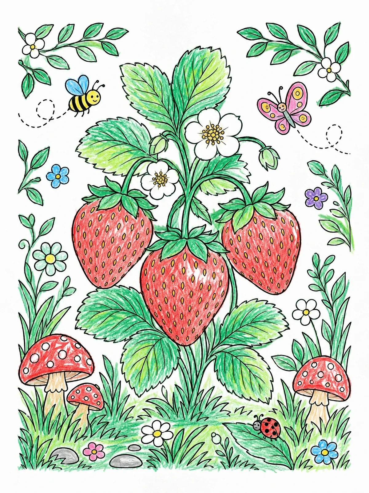 Colored example of the Sweet Strawberries In The Garden coloring page