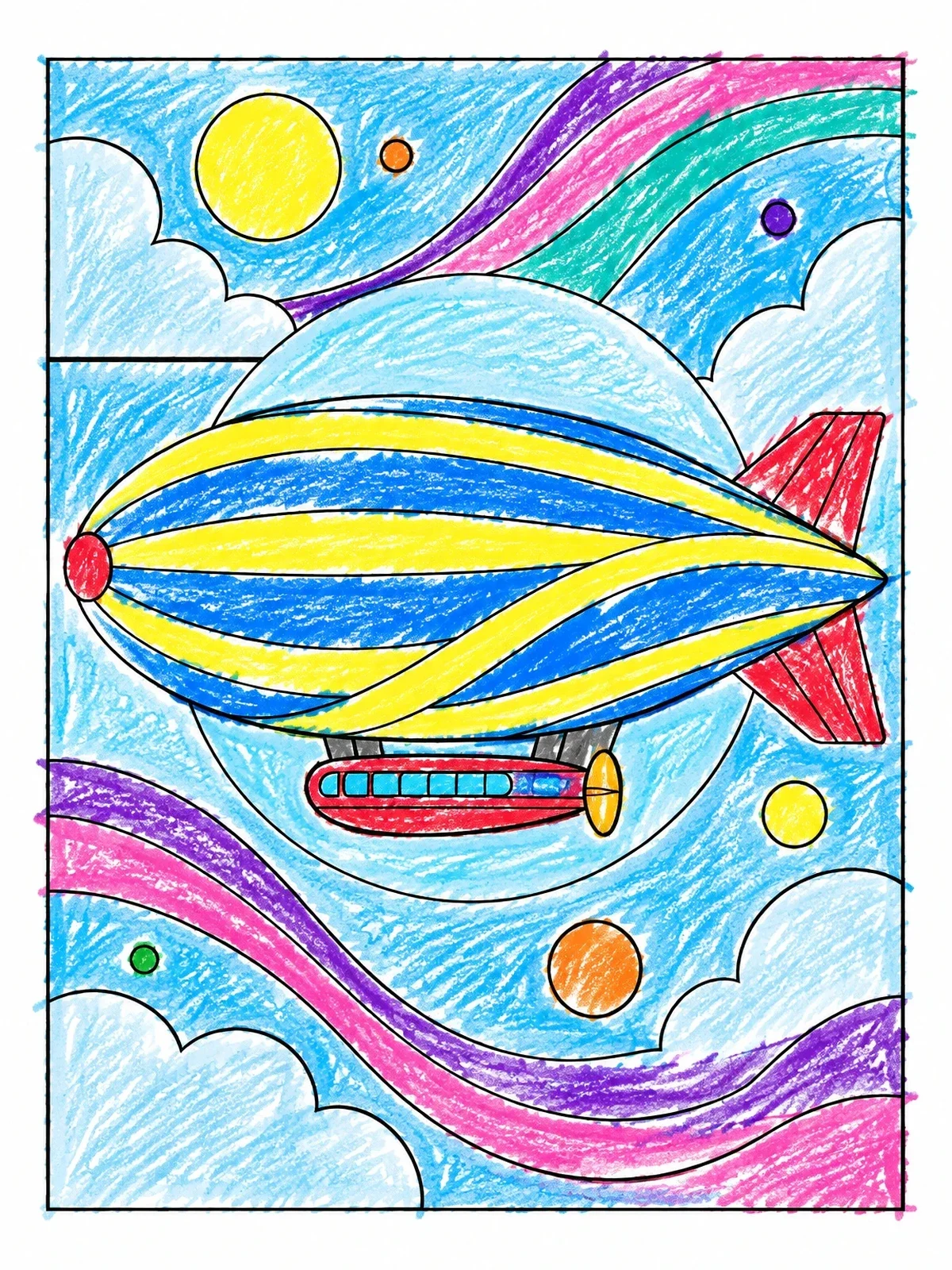 Colored example of the Streamlined Blimp In The Sky coloring page