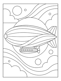 A streamlined blimp coloring page floating peacefully among stylized clouds and sky patterns.