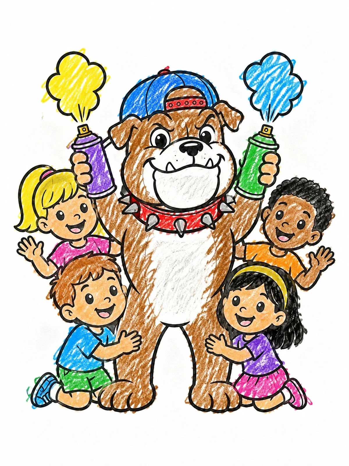 Colored example of the Bulldog Mascot With Happy Kids coloring page