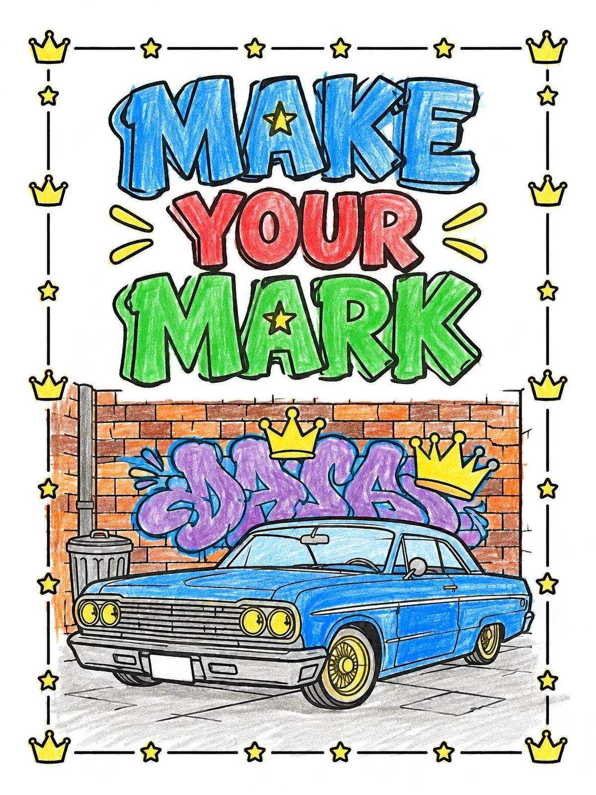 Colored example of the Classic Lowrider And Graffiti Mural coloring page