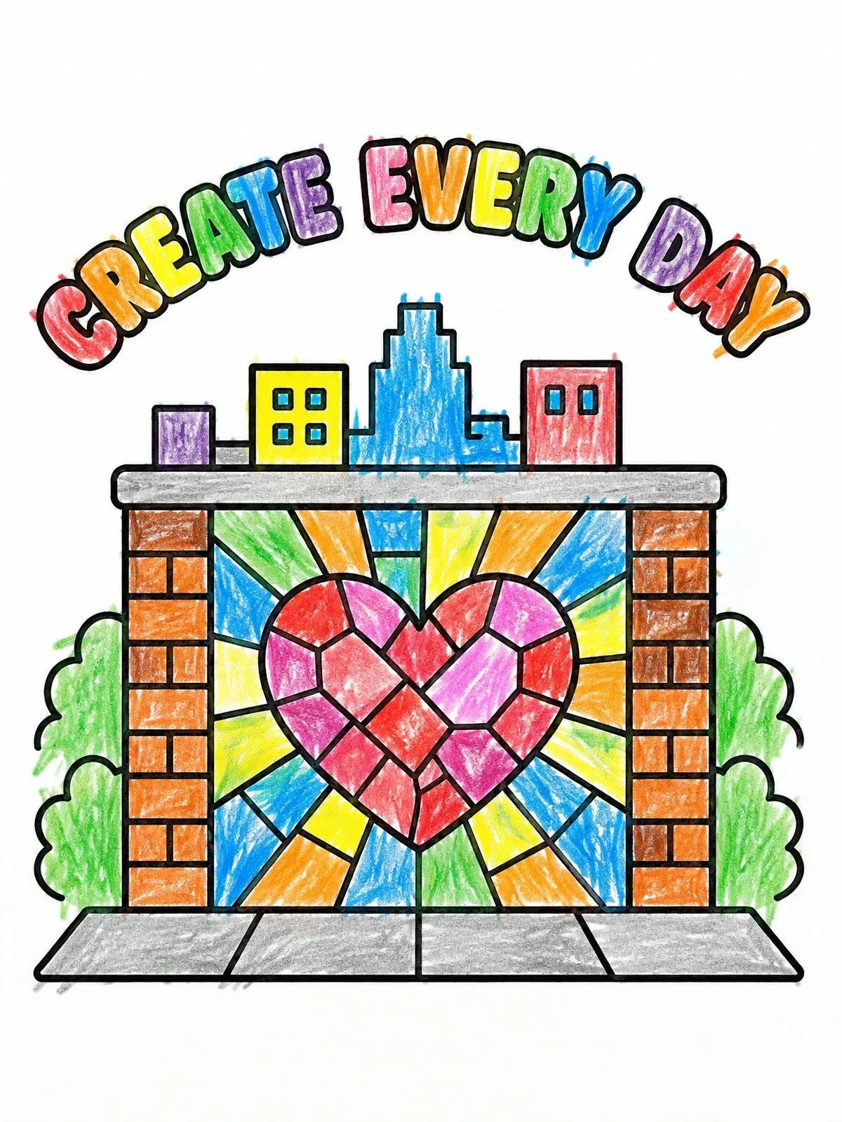Colored example of the Create Every Day Heart Mosaic Mural coloring page