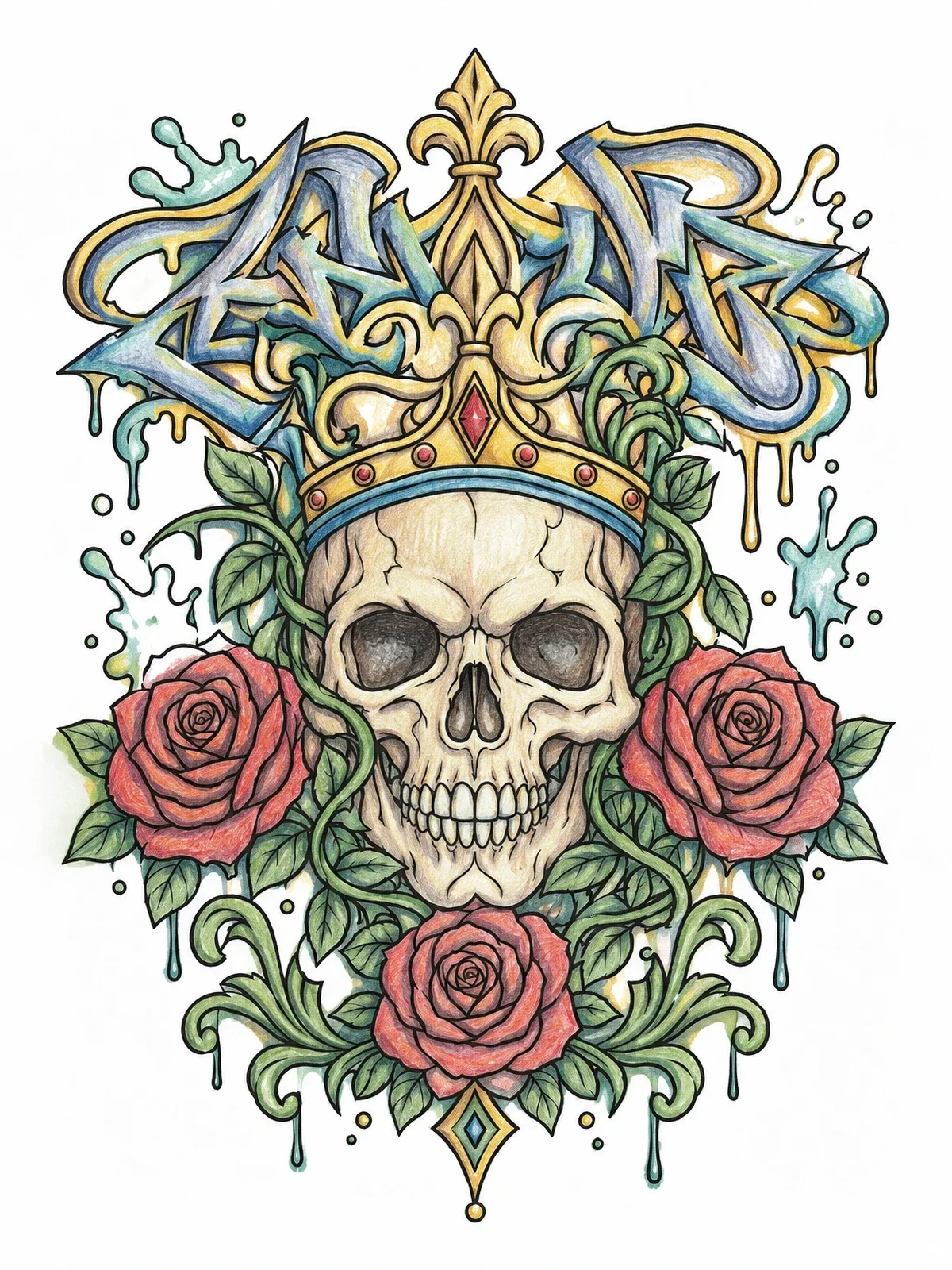 Colored example of the Crowned Skull And Roses Graffiti coloring page