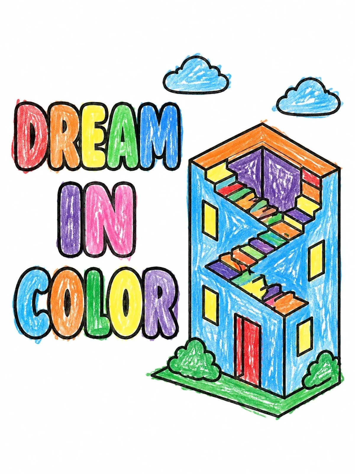 Colored example of the Dream In Color Optical Illusion Building coloring page