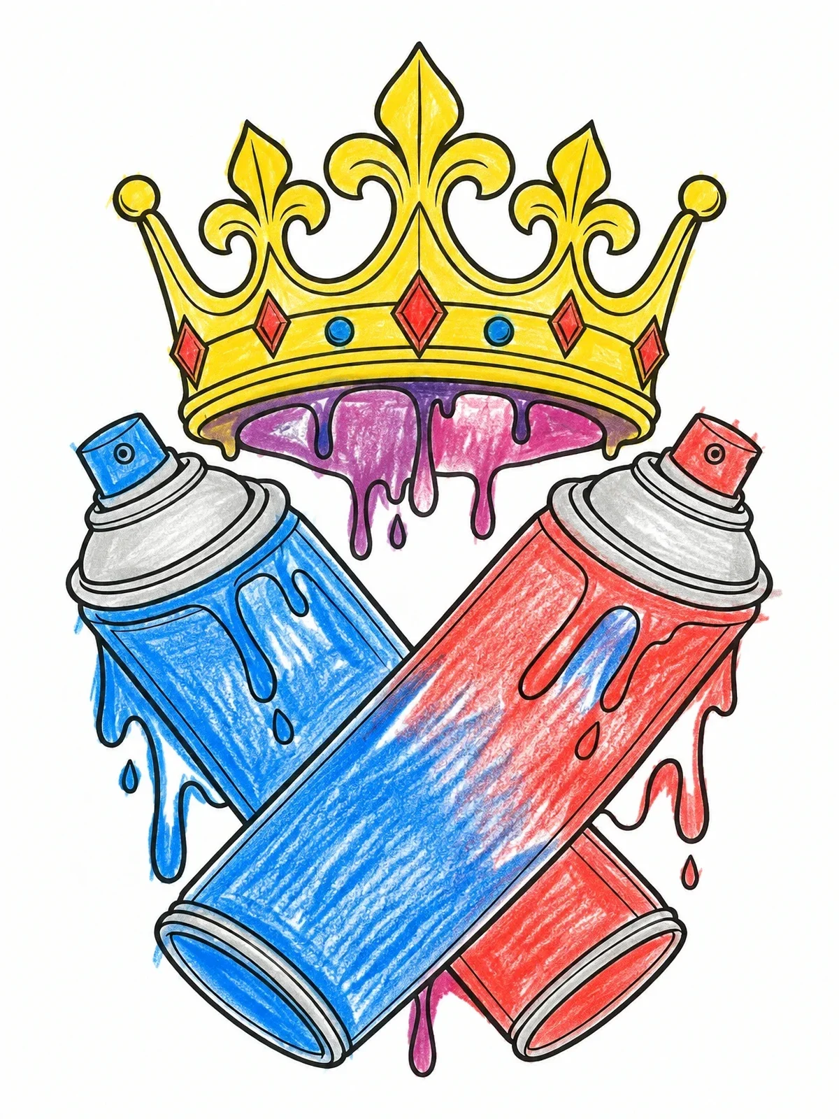 Colored example of the Graffiti Crown And Spray Cans coloring page