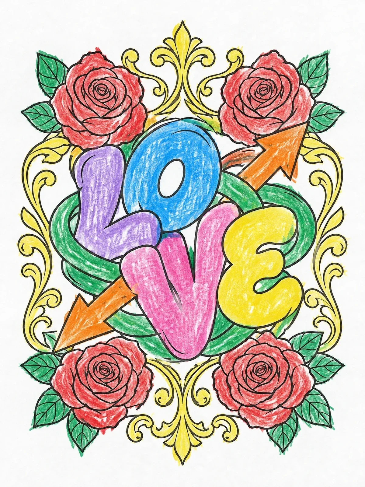 Colored example of the Graffiti Love Letters And Roses coloring page